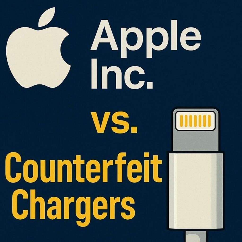 Counterfeit Apple charger with warning label highlighting risks to consumer safety