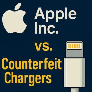 Counterfeit Apple charger with warning label highlighting risks to consumer safety